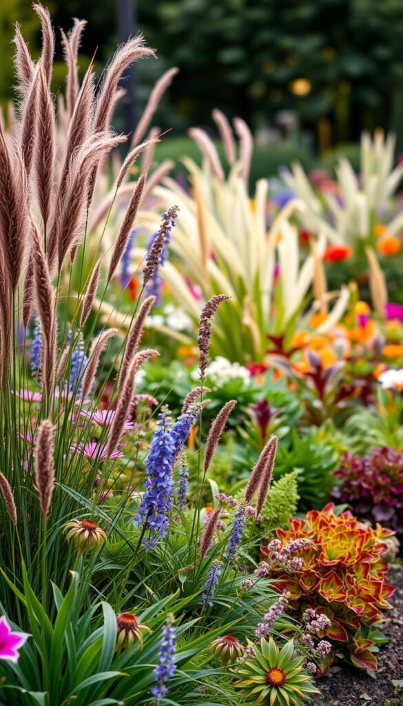 A vibrant and lush garden border showcasing the key principles of effective design. In the foreground, a diverse array of tall and flowing vertical elements, including ornamental grasses, flowering perennials, and leafy shrubs, creates a captivating layered effect. The middle ground features a harmonious blend of complementary colors and textures, drawing the eye inward. The background is gently blurred, with a soft, diffused lighting that casts a warm, inviting glow over the entire scene. The overall composition emphasizes balance, rhythm, and a sense of depth, creating a visually compelling and immersive garden landscape.