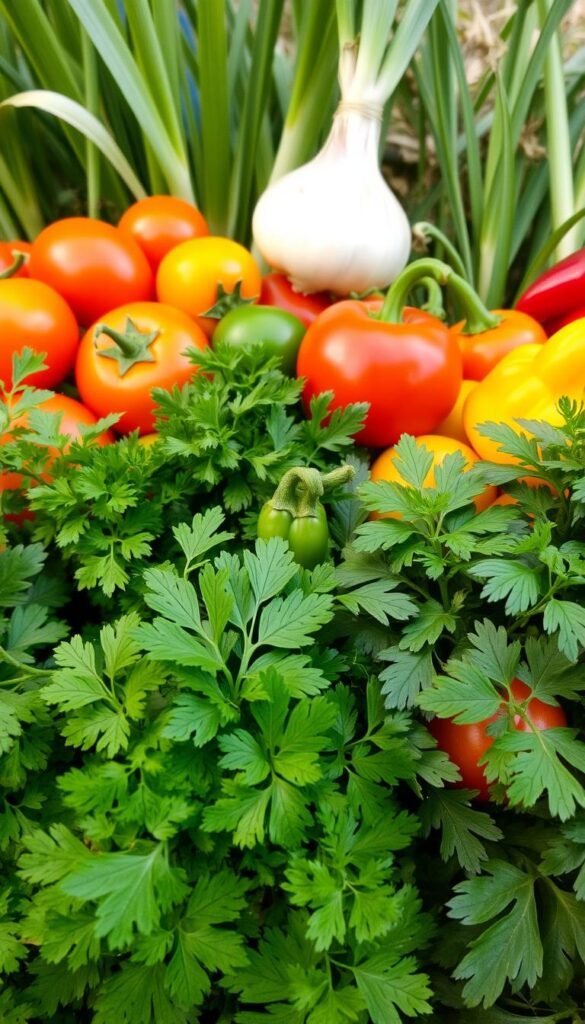 A vibrant arrangement of salsa ingredient plant varieties, captured in a high-resolution, macro-style photograph. The foreground features lush, verdant leaves of cilantro, their delicate fronds catching the warm, natural light. In the middle ground, plump, ripe tomatoes in a range of hues, from deep red to sunny yellow, nestle among the broad, deep green leaves of the plants. Surrounding them, clusters of slender, pointed pepper plants in shades of green, red, and orange add a vibrant pop of color. In the background, the sturdy, upright stalks of onion plants sway gently, their long, blade-like leaves creating a harmonious backdrop. The overall composition is crisp, detailed, and evenly lit, showcasing the natural beauty and distinct characteristics of these essential salsa ingredients.