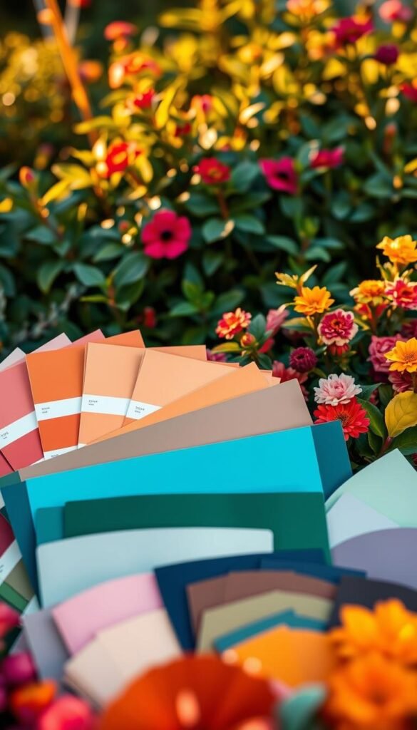 A vibrant array of color swatches and paint samples arranged in a visually striking composition. The foreground features a harmonious selection of complementary, contrasting, and monochromatic palettes, each showcasing a distinct mood and aesthetic. The midground includes lush foliage, suggesting the natural setting for these bold color schemes. The background is softly blurred, keeping the focus on the captivating color choices. Warm lighting casts a gentle glow, evoking a sense of warmth and creativity. The overall image conveys a sense of inspiration and artistic experimentation, inviting the viewer to explore the diverse possibilities for small garden borders.