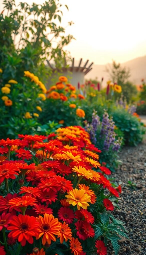 A vibrant color theory garden, bursting with bold hues and lush vegetation. In the foreground, a carefully curated border of clashing yet complementary flowers - fiery reds, vivid oranges, and sunny yellows dance together, creating a dazzling display. The middle ground features a mix of deep greens and verdant foliage, providing a rich, textural backdrop. In the distance, a soft, hazy sky bathes the scene in a warm, golden light, casting a captivating glow over the entire composition. The overall effect is one of energy, vibrancy, and a masterful understanding of color harmony, inviting the viewer to immerse themselves in the garden's visual splendor.
