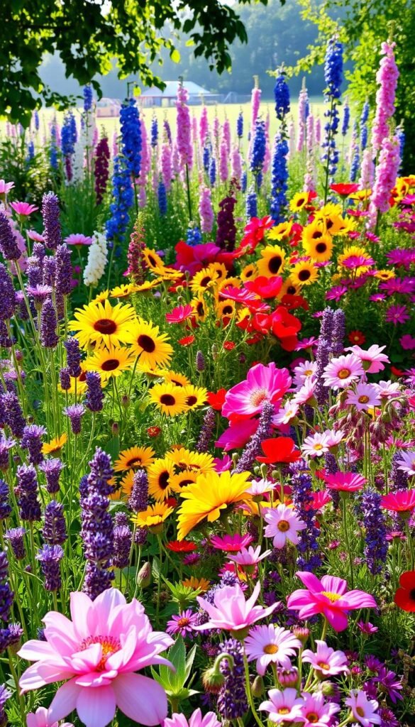 A vibrant cottage garden border overflowing with a riot of colorful, pollinator-friendly blooms. In the foreground, a lush tapestry of delicate lavender, fragrant pink peonies, and playful purple alliums. Cascading through the middle ground, a mix of cheerful yellow sunflowers, ruby-red poppies, and billowing pink cosmos. In the background, a hazy horizon of towering hollyhocks and misty blue-violet delphiniums. Dappled sunlight filters through the scene, casting a warm, golden glow. The overall impression is one of abundant, natural beauty - a true celebration of color, texture, and the life-sustaining role of garden borders. A vibrant cottage garden border overflowing with a riot of colorful, pollinator-friendly blooms. In the foreground, a lush tapestry of delicate lavender, fragrant pink peonies, and playful purple alliums. Cascading through the middle ground, a mix of cheerful yellow sunflowers, ruby-red poppies, and billowing pink cosmos. In the background, a hazy horizon of towering hollyhocks and misty blue-violet delphiniums. Dappled sunlight filters through the scene, casting a warm, golden glow. The overall impression is one of abundant, natural beauty - a true celebration of color, texture, and the life-sustaining role of garden borders.
