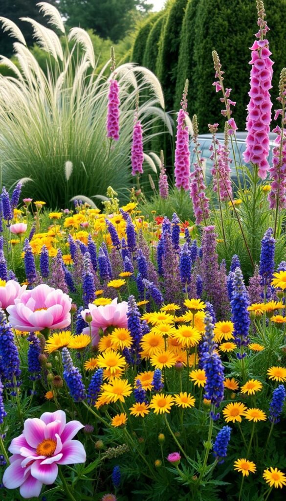 A vibrant cottage garden border with layered, lush flowering plants in a soft morning light. In the foreground, a mix of colorful perennials like pink peonies, purple lavender, and yellow coreopsis create a cascading effect. The middle ground features taller plants like hollyhocks and foxgloves in shades of pink and purple, drawing the eye deeper into the scene. In the background, wispy grasses and billowing shrubs provide a naturalistic backdrop, creating a sense of depth and movement. The overall composition has a harmonious, serene atmosphere, perfect for attracting pollinating insects. A vibrant cottage garden border with layered, lush flowering plants in a soft morning light. In the foreground, a mix of colorful perennials like pink peonies, purple lavender, and yellow coreopsis create a cascading effect. The middle ground features taller plants like hollyhocks and foxgloves in shades of pink and purple, drawing the eye deeper into the scene. In the background, wispy grasses and billowing shrubs provide a naturalistic backdrop, creating a sense of depth and movement. The overall composition has a harmonious, serene atmosphere, perfect for attracting pollinating insects.