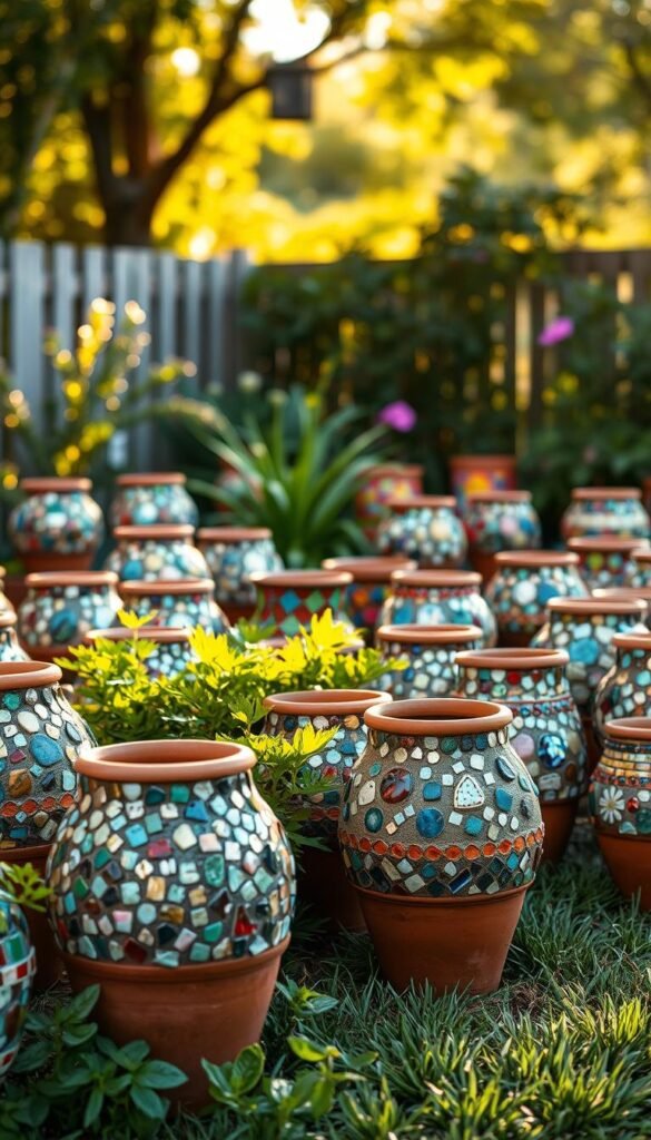 A vibrant display of mosaic garden pots, each a unique work of art, stands proudly in a lush, sun-dappled yard. The foreground features an array of terracotta pots, their surfaces adorned with intricate patterns of colored tiles, glass, and found objects, creating a kaleidoscope of colors and textures. In the middle ground, the pots are arranged in a visually pleasing composition, complemented by the verdant foliage of surrounding plants. The background softly blurs, suggesting a serene, inviting atmosphere, with the warm glow of the afternoon sun casting a gentle light across the scene. The overall effect is a captivating, personalized mosaic display that transforms ordinary garden pots into extraordinary decorative elements, perfect for adding a splash of color and character to any outdoor space.