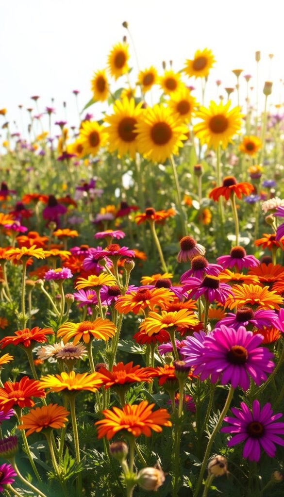 A vibrant garden bursting with lush, pollinator-friendly flowers basking in the warm glow of full sunlight. In the foreground, a riot of colorful blooms - marigolds, cosmos, and zinnias - swaying gently in a light breeze. In the middle ground, towering sunflowers reach towards the sky, their bright yellow petals radiating energy. Behind them, a mix of native perennials like coneflowers, purple coneflowers, and bee balm create a dynamic tapestry of colors and textures. The scene is bathed in soft, natural light, casting long shadows and highlighting the intricate details of the flowers. The overall mood is one of abundant, joyful life, inviting pollinators to flit among the blossoms. A vibrant garden bursting with lush, pollinator-friendly flowers basking in the warm glow of full sunlight. In the foreground, a riot of colorful blooms - marigolds, cosmos, and zinnias - swaying gently in a light breeze. In the middle ground, towering sunflowers reach towards the sky, their bright yellow petals radiating energy. Behind them, a mix of native perennials like coneflowers, purple coneflowers, and bee balm create a dynamic tapestry of colors and textures. The scene is bathed in soft, natural light, casting long shadows and highlighting the intricate details of the flowers. The overall mood is one of abundant, joyful life, inviting pollinators to flit among the blossoms.