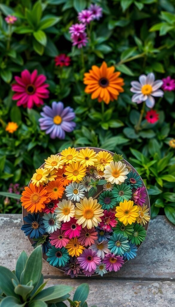 A vibrant garden color wheel arranged in a harmonious display, showcasing the fundamental hues, tones, and relationships of color theory. The foreground features a neatly organized wheel of saturated flowers, leaves, and petals, each representing a primary, secondary, or tertiary color. The middle ground depicts a lush, verdant background of lush foliage, creating a sense of depth and natural setting. Soft, diffused lighting gently illuminates the scene, casting subtle shadows and highlighting the intricate textures of the plants. The overall composition conveys a sense of balance, symmetry, and a deep understanding of the principles that govern color in the natural world, making it an ideal visual aid for exploring the fundamentals of color theory in gardening.