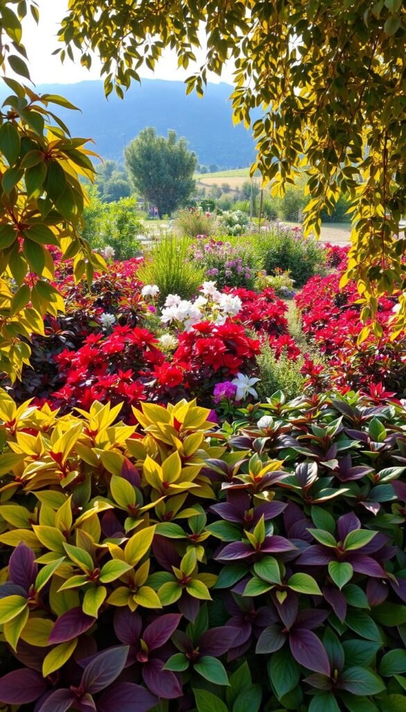 A vibrant garden landscape showcasing a captivating array of variegated foliage in a lush, harmonious color scheme. In the foreground, a diverse tapestry of leaves in shades of green, gold, burgundy, and crimson cascade gracefully, creating a mesmerizing interplay of hues. The middle ground features a mix of flowering perennials and ornamental shrubs, their petals and foliage complementing the variegated tones. Sunlight filters through the canopy, casting a warm, natural glow that accentuates the depth and dimension of the scene. The background subtly fades into a dreamlike, ethereal landscape, allowing the vibrant foliage to take center stage. The overall composition evokes a sense of balance, tranquility, and the harmonious integration of nature's vibrant color palette.