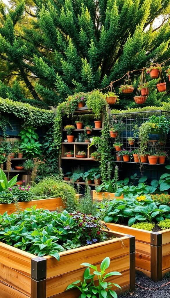 A vibrant garden oasis with a mix of raised planter beds, lush foliage, and creative planting solutions. In the foreground, sturdy wooden raised beds overflow with a bountiful harvest of vegetables, herbs, and flowers. Midground, a whimsical assortment of potted plants and hanging baskets cascade from shelves and trellises, adding pops of color and texture. The background features a verdant backdrop of towering trees and shrubs, casting a soft, natural light across the scene. The overall composition exudes a sense of harmony, innovation, and a bountiful, eco-friendly approach to urban gardening.