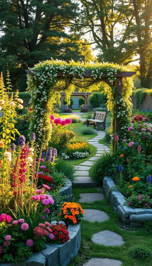 A vibrant, lush cottage garden in the golden hour sunlight. In the foreground, a tangled tapestry of colorful perennials, trailing vines, and fragrant herbs spilling over weathered stone borders. The middle ground features a quaint wooden bench nestled beneath a charming arbor, draped in cascading blooms. In the distance, a glimpse of a meandering garden path leading deeper into the organized chaos. Soft, diffused light filters through the canopy of trees, casting a warm, inviting glow over the entire scene. The overall atmosphere is one of peaceful seclusion, a tranquil escape from the outside world.