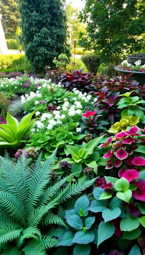 A vibrant, lush garden border filled with expert shade-loving plants. In the foreground, elegant ferns, delicate hostas, and velvety begonias create a captivating tapestry of textures and shades of green. In the middle ground, clusters of delicate impatiens and showy coleus plants add pops of color, while the background features tall, graceful Japanese maples casting gentle shadows. The scene is bathed in soft, diffused lighting, creating a serene, inviting atmosphere perfect for a small, shaded garden space.