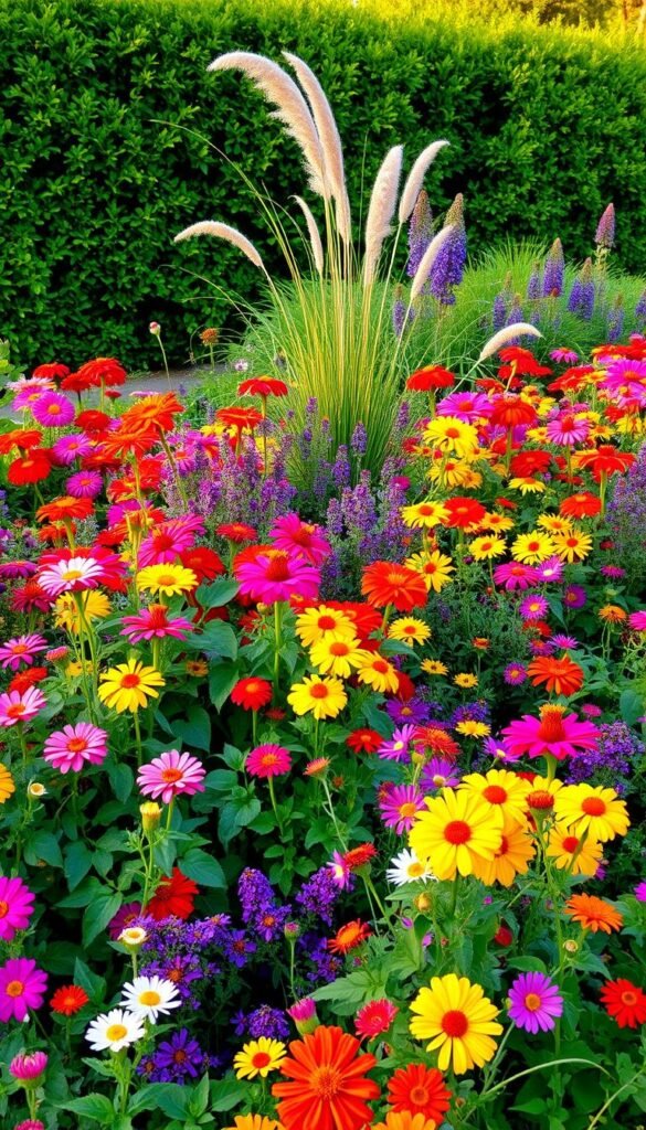 A vibrant, lush garden border overflowing with a harmonious blend of annuals and perennials. In the foreground, a mix of colorful blooms - bold zinnias, delicate cosmos, and fragrant marigolds - create a captivating tapestry. Trailing vines and cascading foliage add depth and texture. The middle ground showcases tall, swaying ornamental grasses and bushy perennials, like purple coneflowers and rudbeckia, drawing the eye deeper into the scene. In the background, a verdant backdrop of lush foliage and shrubs sets the stage, bathed in warm, golden-hour light. The overall composition exudes a sense of natural abundance and vibrant, joyful energy.