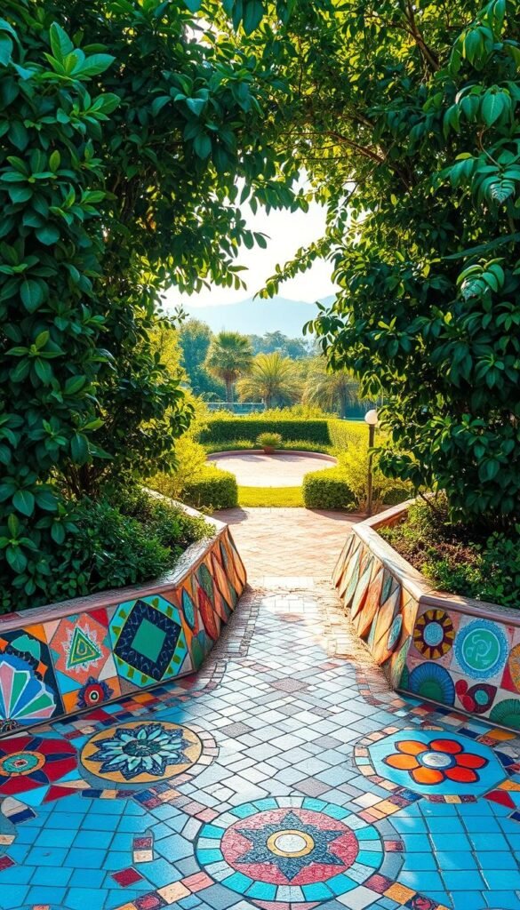 A vibrant mosaic garden bursting with an array of captivating color patterns. In the foreground, an intricate display of geometric shapes and tessellated tiles in a kaleidoscope of hues, creating a mesmerizing visual tapestry. The middle ground features lush, verdant foliage that frames and accentuates the mosaic accents, while the background showcases a serene, sun-dappled setting with a sense of depth and tranquility. The lighting is soft and diffused, casting a warm, inviting glow that brings out the richness and vibrancy of the colors. The overall composition conveys a harmonious balance between the man-made mosaic elements and the natural surroundings, creating a visually striking and aesthetically pleasing scene.