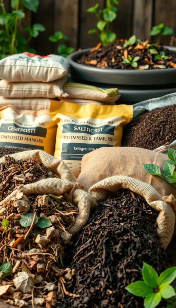 A vibrant, naturalistic still life depicting an array of affordable soil and compost sources. In the foreground, a mix of organic materials - decomposed leaves, shredded bark, and rich, dark humus - spills from burlap sacks. Behind them, several bags of potting soil and bags of composted manure are stacked neatly, their labels visible. In the background, a large compost bin overflows with a healthy blend of kitchen scraps and yard waste. Soft, diffused lighting illuminates the scene, casting warm, earthy tones throughout. The overall composition conveys a sense of abundance, practicality, and sustainability - the building blocks of a thriving, budget-friendly garden.