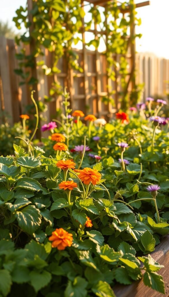 A vibrant raised garden bed filled with a diverse array of companion plants, bathed in warm, golden afternoon light. In the foreground, lush leafy greens and trailing vines intertwine, creating a verdant tapestry. The middle ground features colorful blooms like marigolds, nasturtiums, and borage, their petals gently swaying. In the background, a wooden trellis supports climbing plants, casting intricate shadows across the scene. The overall atmosphere is one of harmony and abundance, showcasing the benefits of thoughtful companion planting for a sustainable, high-yield vegetable garden.