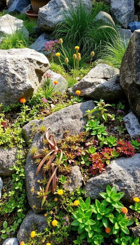 A vibrant rock garden with lush, cascading plants nestled among rugged, textured boulders. The foreground features a mix of colorful succulents, trailing vines, and delicate flowering plants spilling over the rocky edges. The middle ground showcases larger, robust perennials and grasses, their foliage contrasting with the solid, weathered stones. In the background, a soft, natural light illuminates the scene, casting gentle shadows and highlighting the varied hues and shapes of the plants and rocks. The overall impression is one of harmony and balance, where nature's diverse elements come together to create a captivating and serene garden display.