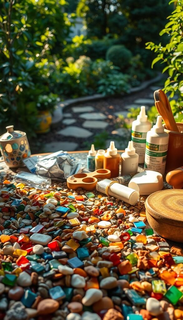 A vibrant still life showcasing an array of mosaic garden materials, bathed in warm, directional lighting. In the foreground, an assortment of colorful tiles, glass shards, and pebbles are meticulously arranged, hinting at the creative potential of these elements. The middle ground features an array of gardening tools, adhesives, and grout, suggesting the process of constructing a mosaic design. In the background, lush foliage and a hint of a garden path create a serene, natural setting, complementing the artistic materials. The overall composition exudes a sense of inspiration and the joy of crafting a unique, personalized mosaic garden border.