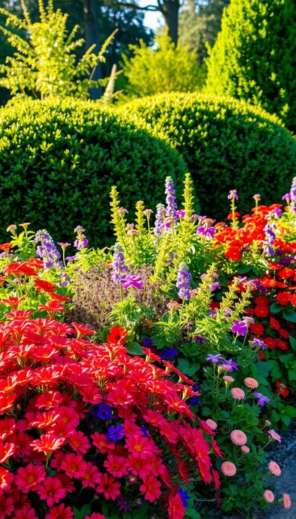 A vibrant, sun-dappled garden border with a lush, naturalistic composition. In the foreground, a profusion of colorful perennials in shades of crimson, fuchsia, and amber, their petals softly illuminated by warm, golden light. In the middle ground, a mix of flowering annuals and trailing vines in complementary hues of violet, indigo, and deep green, creating a harmonious palette. The background features a blurred, verdant backdrop of mature shrubs and trees, lending depth and a sense of enclosure to the scene. The overall mood is one of abundant, joyful vitality, inviting the viewer to immerse themselves in the beauty of a thriving seasonal garden.