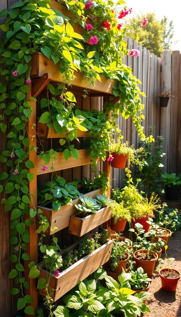 A vibrant, sun-drenched vertical garden bursting with lush foliage and space-saving charm. In the foreground, a lush, tiered arrangement of trailing vines, leafy greens, and cascading flowers spills forth from a series of wooden planter boxes affixed to a sturdy trellis. The middle ground showcases a mix of potted herbs, succulents, and compact vegetable plants, strategically placed to maximize the limited space. The background features a rustic, weathered fence, its natural textures complementing the organic feel of the verdant display. The scene is illuminated by warm, golden rays, casting soft shadows and highlighting the verdant hues. An oasis of productivity and visual delight, a testament to the power of vertical gardening.