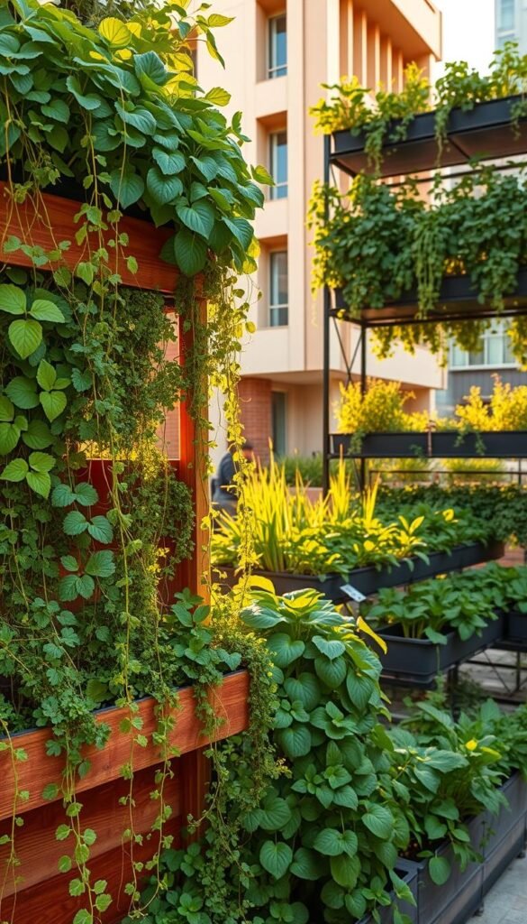 A vibrant vertical garden in an urban setting, bathed in soft golden light. In the foreground, lush green vines and trailing foliage cascade down raised planter boxes, showcasing a variety of leafy greens and herbs. The middle ground features tiered shelves densely packed with thriving vegetable plants, their leaves and stems reaching upwards towards the sun. In the background, a modern architectural backdrop with clean lines and warm tones provides a striking contrast. The overall scene conveys a sense of abundance, efficiency, and harmony within a limited urban space. Captured with a wide-angle lens to emphasize the vertical dimension and spatial optimization. A vibrant vertical garden in an urban setting, bathed in soft golden light. In the foreground, lush green vines and trailing foliage cascade down raised planter boxes, showcasing a variety of leafy greens and herbs. The middle ground features tiered shelves densely packed with thriving vegetable plants, their leaves and stems reaching upwards towards the sun. In the background, a modern architectural backdrop with clean lines and warm tones provides a striking contrast. The overall scene conveys a sense of abundance, efficiency, and harmony within a limited urban space. Captured with a wide-angle lens to emphasize the vertical dimension and spatial optimization.