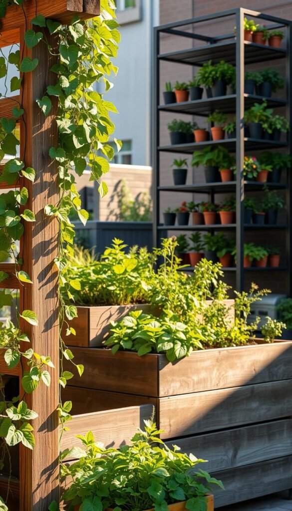 A vibrant vertical garden scene, captured in warm afternoon sunlight. In the foreground, a sturdy wooden trellis supports cascading vines and leafy greens. Behind it, a multi-tiered raised planter bed showcases a variety of lush vegetables and herbs, their colors popping against the weathered wood. In the background, a sleek metal frame structure stands tall, its shelves brimming with potted plants, creating a visually striking, space-efficient display. The whole scene exudes a sense of urban oasis, where small-space gardening thrives through clever use of vertical elements and creative design.
