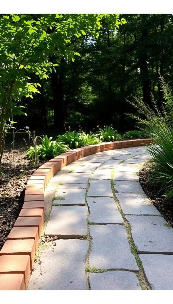 A well-crafted DIY brick and paver garden edging, with warm, natural tones and a rustic charm. A foreground of neatly laid, aged clay bricks forms a sturdy, timeless border, while a middle ground of weathered concrete pavers creates a textured, irregular path. Dappled sunlight filters through lush, verdant foliage in the background, casting soft shadows and imbuing the scene with a peaceful, inviting atmosphere. The overall composition reflects a harmonious blend of man-made and natural elements, showcasing a simple yet elegant solution for DIY garden edging.