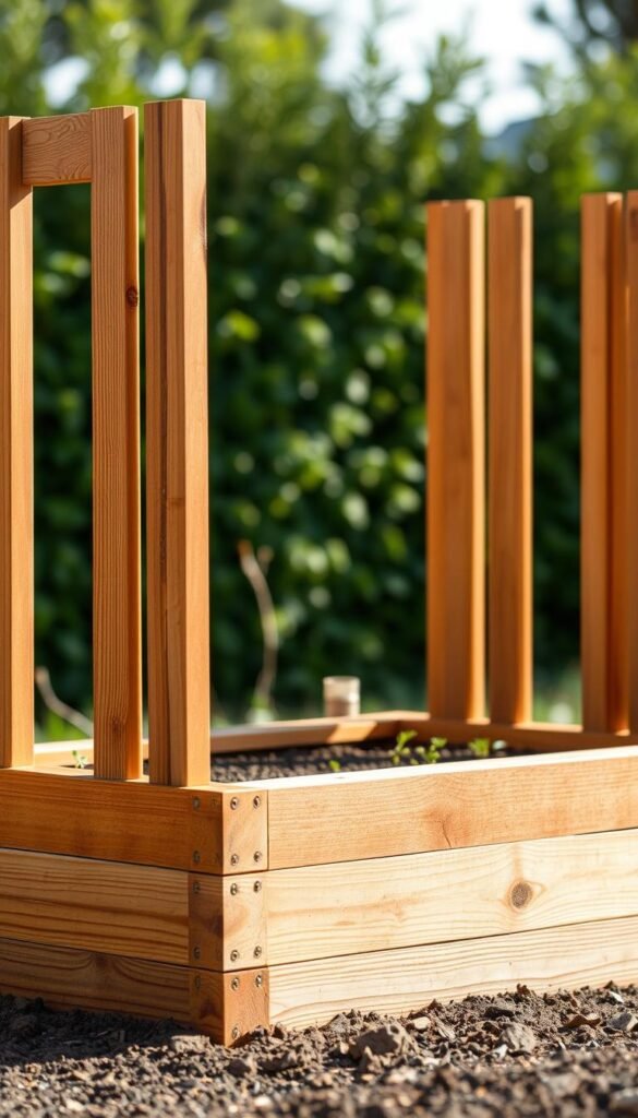 A well-crafted cedar raised garden bed, its warm hues accentuated by soft, natural lighting. The sturdy, slatted planks are stacked with precision, creating a rectangular frame against a blurred, verdant backdrop. The texture of the wood grain is clearly visible, inviting a tactile experience. The bed sits atop a layer of loose soil, ready to nurture a thriving garden. A sense of tranquility and rustic charm permeates the scene, capturing the essence of a sustainable, homegrown approach to gardening.
