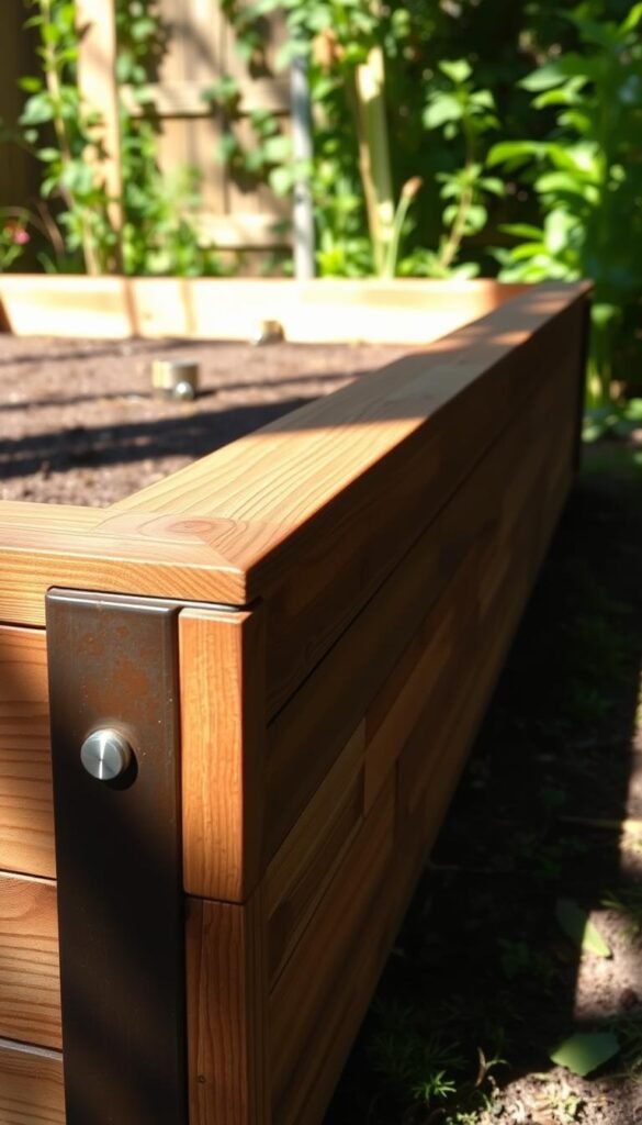 A well-crafted, durable raised garden bed made of weathered cedar wood planks, with a sturdy, rust-resistant metal frame. The bed is positioned in a sun-dappled backyard, surrounded by lush greenery. The lighting is soft and natural, with warm shadows casting a cozy ambiance. The camera angle is slightly elevated, providing a clear view of the bed's construction details - the precisely fitted joints, the smooth, sanded surface, and the polished hardware. The overall scene conveys a sense of enduring functionality and rustic charm, perfectly suited for a productive small-scale vegetable garden. A well-crafted, durable raised garden bed made of weathered cedar wood planks, with a sturdy, rust-resistant metal frame. The bed is positioned in a sun-dappled backyard, surrounded by lush greenery. The lighting is soft and natural, with warm shadows casting a cozy ambiance. The camera angle is slightly elevated, providing a clear view of the bed's construction details - the precisely fitted joints, the smooth, sanded surface, and the polished hardware. The overall scene conveys a sense of enduring functionality and rustic charm, perfectly suited for a productive small-scale vegetable garden.
