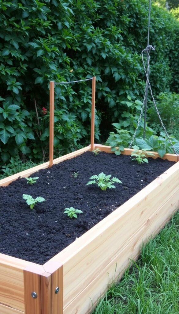 A well-crafted raised garden bed made of sturdy, long-lasting materials, standing in a lush, verdant setting. The bed's frame is constructed from robust, weather-resistant cedar wood, its warm, natural tones complementing the surrounding greenery. The raised design allows for easy access and improved soil drainage. The bed is filled with rich, dark-colored soil, ready to nurture a thriving array of vegetables, herbs, and flowers. Soft, diffused natural lighting illuminates the scene, creating a serene, inviting atmosphere. The overall composition emphasizes the bed's durability, functionality, and harmonious integration with the surrounding landscape.