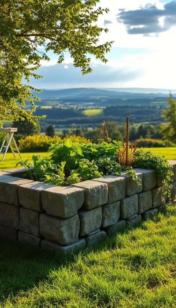 A well-crafted stone raised garden bed, meticulously constructed with natural stone blocks, sits prominently in a lush, verdant backyard. The sunlight casts a warm, golden glow, accentuating the textured surface of the stone. The bed is filled with a vibrant array of thriving vegetables and herbs, their verdant foliage cascading over the edges. In the background, a picturesque landscape unfolds, with rolling hills and a serene sky, creating a harmonious and inviting scene. The overall composition conveys a sense of tranquility, productivity, and a celebration of the beauty of natural materials in a well-designed outdoor space.