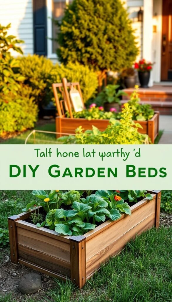 A well-crafted, visually appealing DIY garden bed in the front yard, illuminated by soft, natural lighting. A raised, wooden planter filled with thriving vegetables, herbs, and colorful flowers, positioned against a backdrop of lush greenery and a warm, inviting atmosphere. The layout is simple yet elegant, designed to enhance the home's curb appeal while providing a functional and visually striking gardening space. Angles and perspectives showcase the garden bed's construction details, highlighting the craftsmanship and attention to design. The overall impression is one of a charming, low-maintenance DIY project that seamlessly integrates the love of gardening with the desired aesthetic of the home's exterior. A well-crafted, visually appealing DIY garden bed in the front yard, illuminated by soft, natural lighting. A raised, wooden planter filled with thriving vegetables, herbs, and colorful flowers, positioned against a backdrop of lush greenery and a warm, inviting atmosphere. The layout is simple yet elegant, designed to enhance the home's curb appeal while providing a functional and visually striking gardening space. Angles and perspectives showcase the garden bed's construction details, highlighting the craftsmanship and attention to design. The overall impression is one of a charming, low-maintenance DIY project that seamlessly integrates the love of gardening with the desired aesthetic of the home's exterior.