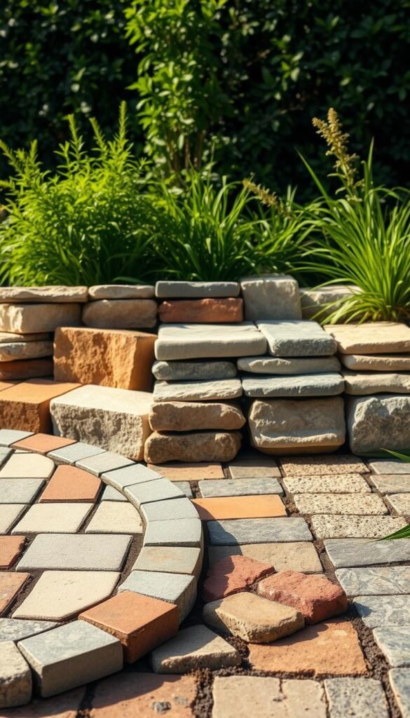 A well-curated selection of hardscaping materials laid out in a thoughtful arrangement, showcasing the diverse textures and colors that can be used to enhance a garden design. In the foreground, various paving stones, bricks, and cobblestones are displayed, each with their unique patterns and hues. In the middle ground, a range of natural stone options, such as flagstone, slate, and granite, are presented, highlighting their distinct geological features. The background features a backdrop of lush greenery, creating a harmonious contrast and emphasizing the integration of hardscaping with the surrounding landscape. The lighting is natural and soft, casting gentle shadows that accentuate the three-dimensional qualities of the materials. The overall composition conveys a sense of balance, creativity, and a deep understanding of the role of hardscaping in garden design.