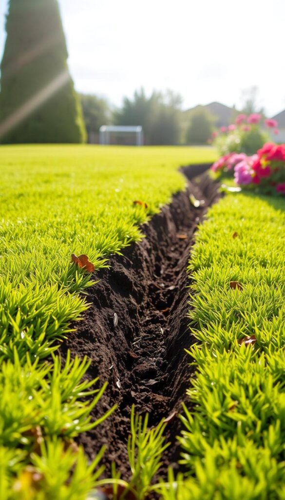 A well-defined garden border, with a freshly dug trench, ready to be filled with lush plantings. The trench's edges are crisp and precise, cutting a clean line between the vibrant green lawn and the prepared soil. Sunlight filters through wispy clouds, casting a warm, natural glow across the scene. The soil is dark and rich, inviting the addition of colorful flowers, leafy plants, and neatly arranged edging materials. The overall composition showcases the transition from manicured lawn to intentionally designed garden, emphasizing the importance of a clear, visually appealing border. A sense of order and purpose pervades the image, inspiring the viewer to envision the full potential of this carefully curated garden space.