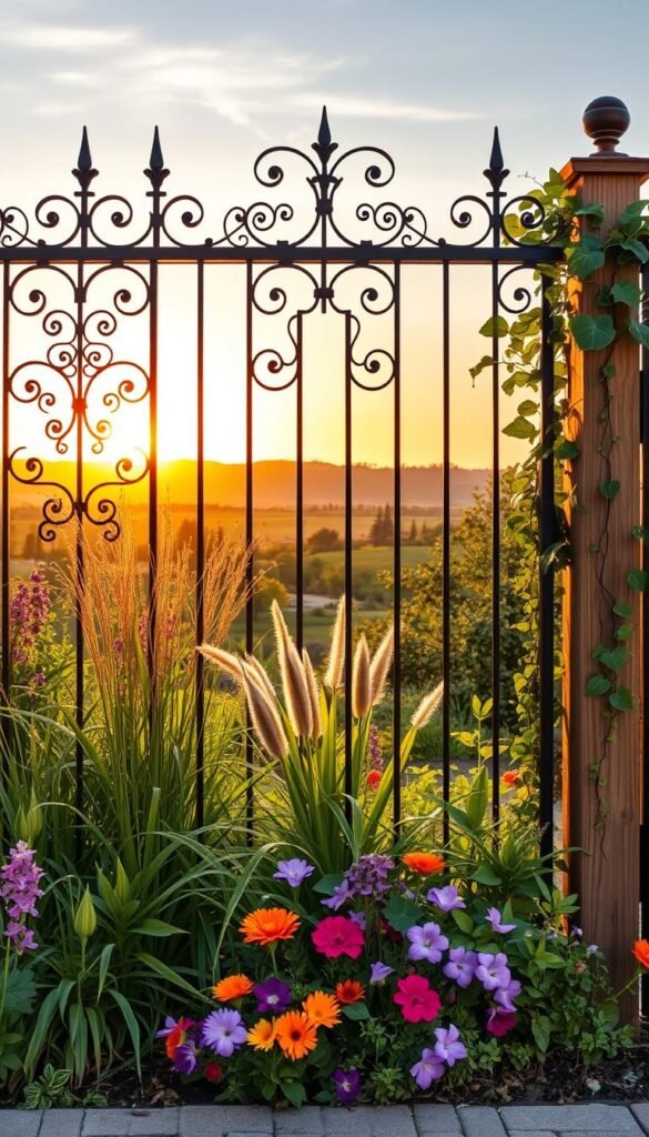 A well-designed and customizable garden fence that seamlessly blends security and aesthetics. A picturesque foreground features elegant wrought-iron panels with intricate floral motifs, complemented by natural wood posts. The middle ground showcases a variety of lush, vibrant flora, including tall grasses, vibrant flowers, and cascading vines that softly drape over the fence. In the background, a serene landscape unfolds, with rolling hills, a distant treeline, and a warm, golden sunset sky that bathes the scene in a gentle, inviting glow. The entire composition exudes a sense of balance, harmony, and a welcoming, tranquil atmosphere. A well-designed and customizable garden fence that seamlessly blends security and aesthetics. A picturesque foreground features elegant wrought-iron panels with intricate floral motifs, complemented by natural wood posts. The middle ground showcases a variety of lush, vibrant flora, including tall grasses, vibrant flowers, and cascading vines that softly drape over the fence. In the background, a serene landscape unfolds, with rolling hills, a distant treeline, and a warm, golden sunset sky that bathes the scene in a gentle, inviting glow. The entire composition exudes a sense of balance, harmony, and a welcoming, tranquil atmosphere.