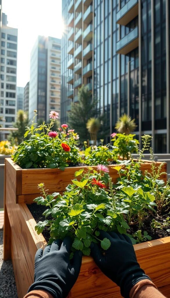 A well-designed urban raised garden bed, filled with lush greenery and vibrant blooms, stands prominently against a backdrop of sleek modern buildings. Sunlight filters through the canopy, casting a warm glow on the sturdy wooden frame and the rich, fertile soil within. Vegetables and herbs flourish, their leaves gently swaying in the breeze. In the foreground, a pair of gloved hands tend to the plants, showcasing the ease and convenience of this elevated gardening solution. The scene evokes a sense of tranquility and productivity, underscoring the benefits of urban raised garden beds for the modern city dweller.