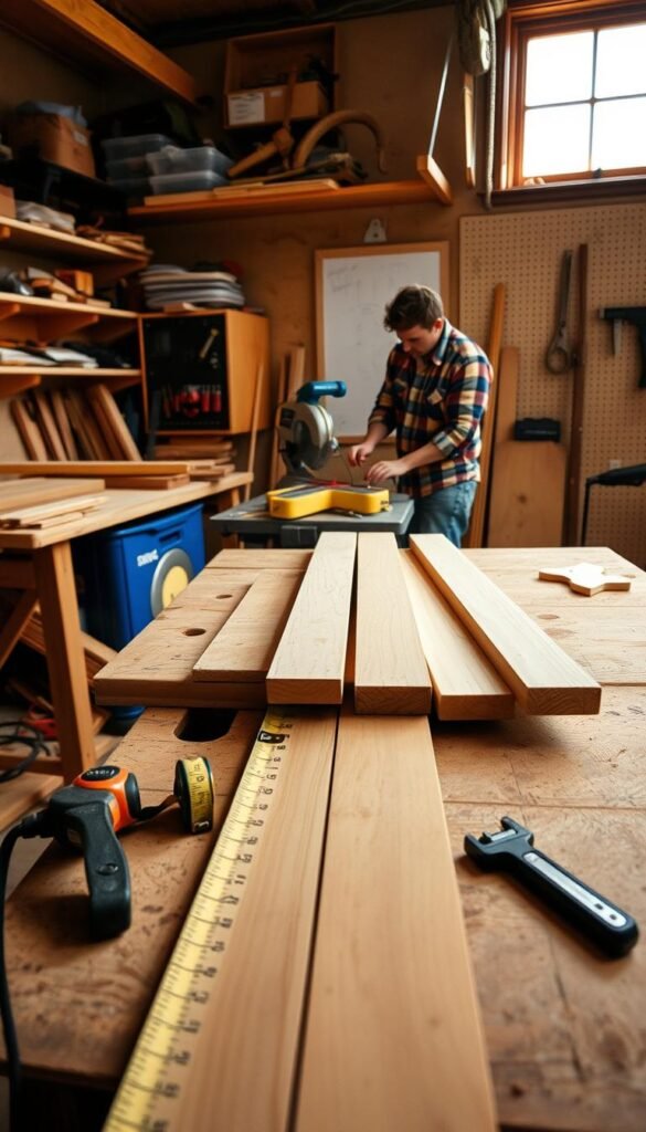 A well-lit and detailed workshop scene. In the foreground, a carpenter's workbench with a tape measure, a square, and a handsaw. Atop the bench, several wooden boards of varying lengths, ready to be measured and cut. In the middle ground, a worker in a flannel shirt and jeans, using a miter saw to precisely trim the boards to size. The background features shelves of tools, a pegboard, and a window letting in natural light, creating a warm, inviting atmosphere for the woodworking task at hand.