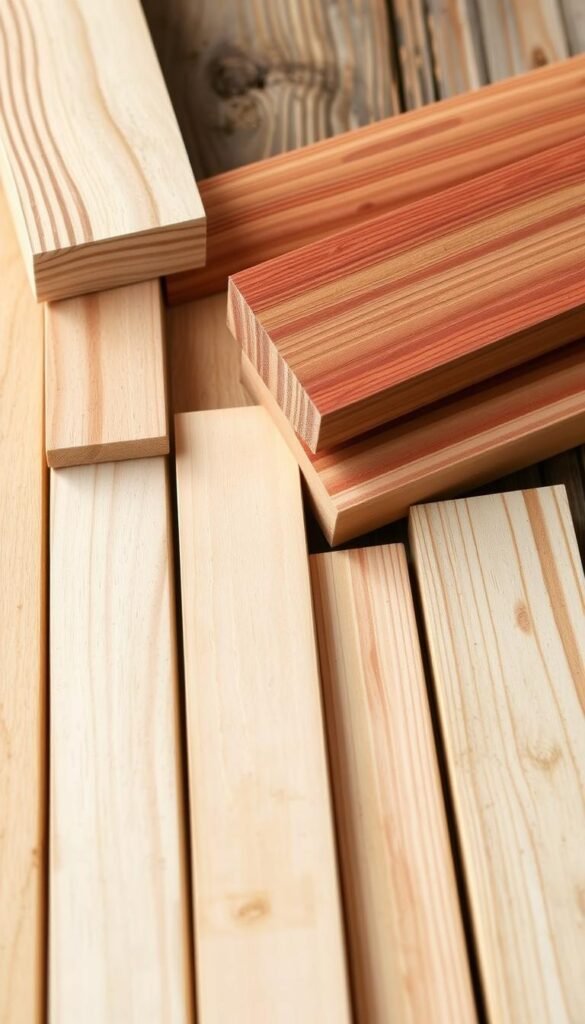 A well-lit, close-up photograph of an assortment of natural wood samples suitable for constructing raised garden beds. The wood pieces are placed on a rustic wooden surface, showcasing their varying grains, textures, and tones - from the rich reddish hues of cedar to the light-colored, knot-free boards of pine. The image captures the details of the wood, highlighting its durability and suitability for outdoor use. A sense of quality and longevity is conveyed, reflecting the importance of selecting the right materials for a long-lasting raised garden bed. The lighting is soft and natural, creating a warm, inviting atmosphere. A well-lit, close-up photograph of an assortment of natural wood samples suitable for constructing raised garden beds. The wood pieces are placed on a rustic wooden surface, showcasing their varying grains, textures, and tones - from the rich reddish hues of cedar to the light-colored, knot-free boards of pine. The image captures the details of the wood, highlighting its durability and suitability for outdoor use. A sense of quality and longevity is conveyed, reflecting the importance of selecting the right materials for a long-lasting raised garden bed. The lighting is soft and natural, creating a warm, inviting atmosphere.
