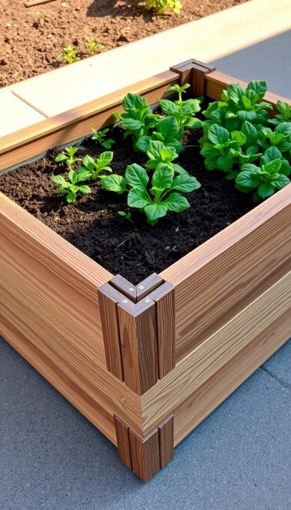 A well-lit, close-up shot of a newly assembled portable raised garden bed, with a rich, earthy color palette. The wooden frame stands sturdy on a smooth, paved surface, its corners neatly joined. Lush, verdant soil fills the bed, ready to nurture a variety of thriving vegetables. Sunlight casts a warm glow, highlighting the textured wood grain and the crisp edges of the raised structure. The image conveys a sense of anticipation and excitement, inviting the viewer to envision the bountiful harvest to come.