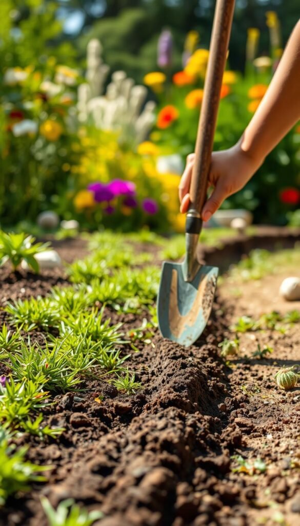 A well-lit, close-up view of the garden edging trenching process. The foreground shows a person's hands carefully digging a trench along the edge of a garden bed using a spade, exposing the soil's rich, dark texture. The middle ground reveals the neatly defined border, with fresh soil ready to be packed down. In the background, a lush, vibrant garden landscape provides a serene, natural setting. The image conveys a sense of precision, attention to detail, and the importance of establishing a crisp, clean edge to frame the garden beautifully.