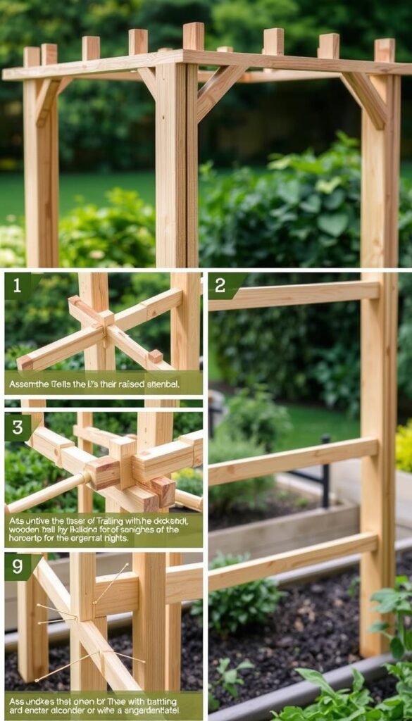 A well-lit, detailed instruction manual for assembling a sturdy, wooden trellis structure. The image should show the step-by-step process, with close-up views of the trellis components and their assembly. Emphasize the technical aspects, such as the joints, fasteners, and overall structural integrity. The trellis should be positioned in a serene, natural setting, like a lush garden or backyard, to complement the DIY theme. Use a shallow depth of field to draw the viewer's attention to the key steps. Capture the sense of accomplishment and pride one would feel when successfully building this functional, yet decorative, trellis for their raised garden beds. A well-lit, detailed instruction manual for assembling a sturdy, wooden trellis structure. The image should show the step-by-step process, with close-up views of the trellis components and their assembly. Emphasize the technical aspects, such as the joints, fasteners, and overall structural integrity. The trellis should be positioned in a serene, natural setting, like a lush garden or backyard, to complement the DIY theme. Use a shallow depth of field to draw the viewer's attention to the key steps. Capture the sense of accomplishment and pride one would feel when successfully building this functional, yet decorative, trellis for their raised garden beds.