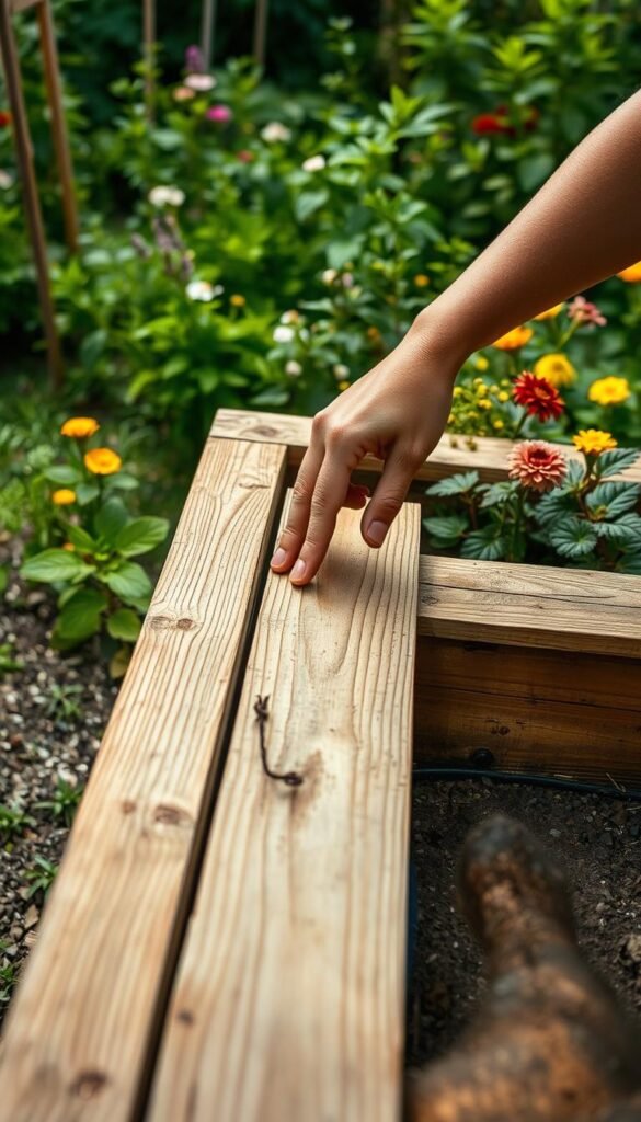 A well-lit, high-angle view of a wooden raised garden bed in a lush, verdant backyard setting. The bed is constructed with sturdy, weathered wood planks, its surface showing signs of use and gentle aging. A gardener's hand gently brushes over the wood, examining the texture and checking for any signs of wear or deterioration. In the background, a variety of thriving plants and flowers create a vibrant, natural backdrop, hinting at the bed's role in a thriving, productive garden. Soft, diffused sunlight filters through, creating a warm, inviting atmosphere that emphasizes the importance of ongoing maintenance and care for ensuring the longevity of this essential gardening feature.