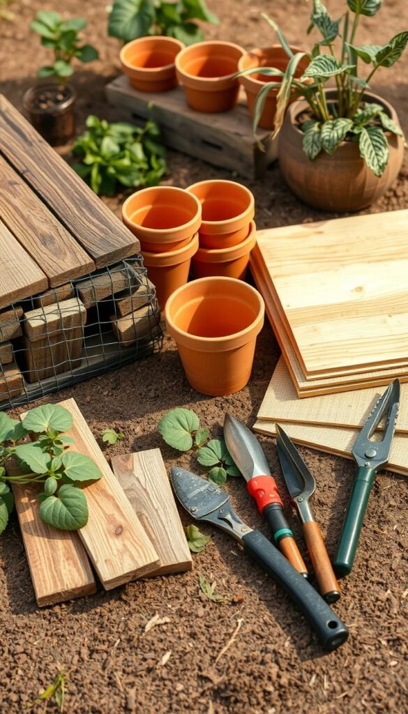 A well-lit, high-quality photograph of a variety of garden bed materials, including wooden planks, wire mesh, terracotta pots, and gardening tools such as trowels and pruning shears, all arranged in a visually appealing and organized manner on a clean, natural surface, with a soft, warm color palette and a sense of depth and perspective, capturing the essential elements needed to construct a raised garden bed.