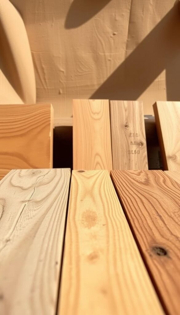 A well-lit, high-resolution comparative display of various wood types commonly used for raised garden beds, including cedar, pine, redwood, and oak. The foreground showcases close-up textures and grains of each wood, while the middle ground presents the boards in a side-by-side arrangement, allowing for visual comparison of color, tone, and durability. The background features a simple, clean setting, such as a neutral-colored backdrop, to emphasize the wood samples. The lighting is natural and warm, casting subtle shadows to accentuate the dimensional qualities of the materials. The overall composition and angle convey a sense of thoughtful, informative presentation suitable for a gardening-focused article. A well-lit, high-resolution comparative display of various wood types commonly used for raised garden beds, including cedar, pine, redwood, and oak. The foreground showcases close-up textures and grains of each wood, while the middle ground presents the boards in a side-by-side arrangement, allowing for visual comparison of color, tone, and durability. The background features a simple, clean setting, such as a neutral-colored backdrop, to emphasize the wood samples. The lighting is natural and warm, casting subtle shadows to accentuate the dimensional qualities of the materials. The overall composition and angle convey a sense of thoughtful, informative presentation suitable for a gardening-focused article.