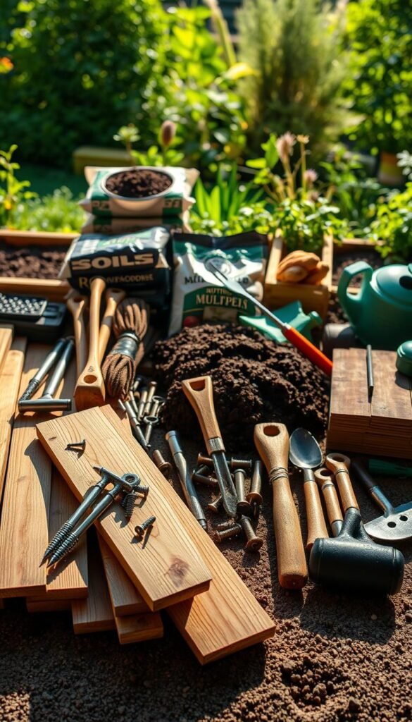 A well-lit, high-resolution image of a meticulously arranged collection of raised bed gardening materials and tools. In the foreground, a variety of high-quality wooden planks, screws, hammers, shovels, and trowels are neatly displayed on a textured surface, casting long, soft shadows. In the middle ground, a mix of potting soil, compost, and mulch bags are stacked with care, while gardening gloves and a watering can sit nearby. The background features a blurred, verdant garden setting, hinting at the purpose of these materials. The overall mood is one of anticipation and preparedness, inviting the viewer to envision the construction of a sturdy, functional raised garden bed.