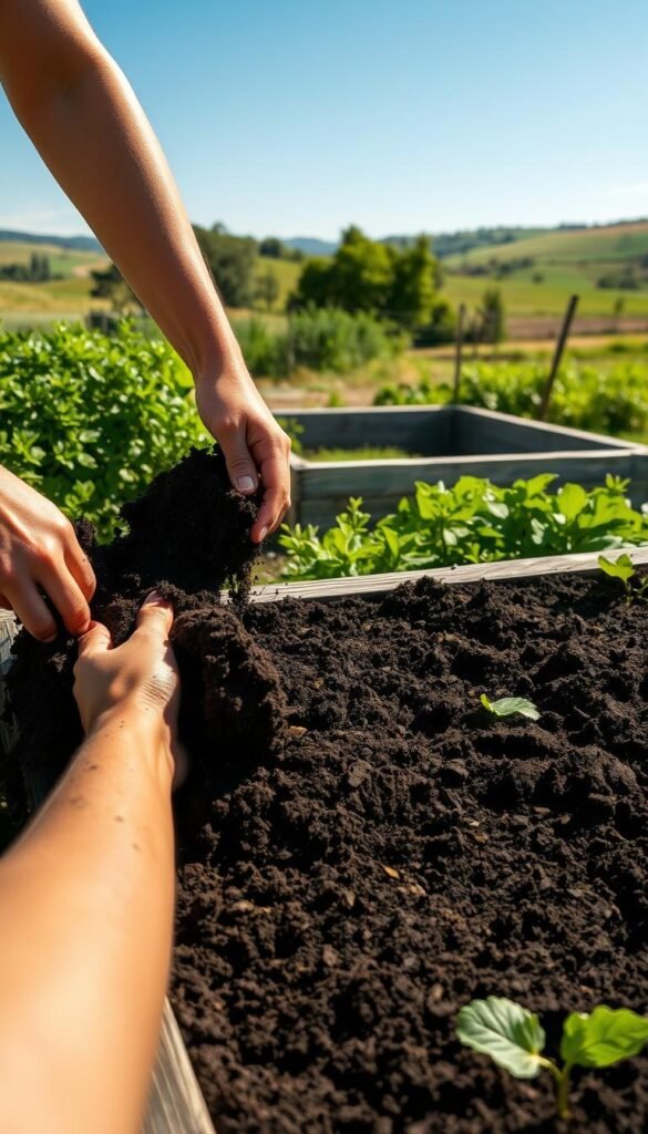 A well-lit, high-resolution photograph of a raised garden bed being prepared for planting. The foreground shows a person's hands loosening and turning over the soil, revealing a rich, dark brown texture. The middle ground features the raised bed frame, constructed from weathered wood planks, surrounded by lush green foliage. In the background, a sunny, pastoral landscape with rolling hills and a clear blue sky creates a serene, inviting atmosphere. The lighting is soft and natural, accentuating the textures and colors of the scene. The overall composition conveys a sense of calm, productivity, and the joy of gardening.