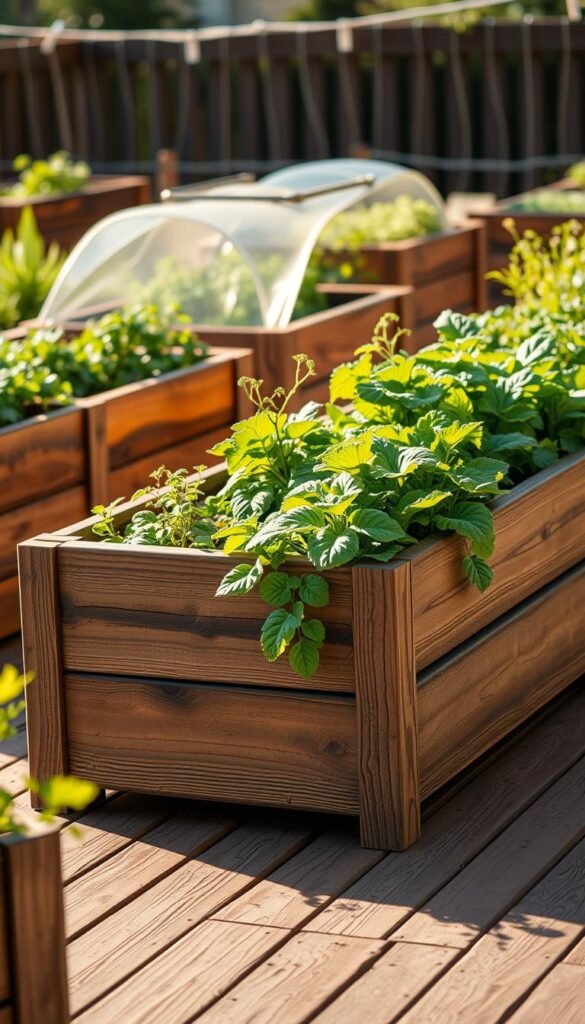 A well-lit, high-resolution photograph of a vibrant, portable raised garden bed filled with lush, thriving vegetable plants. The garden bed is situated on a wooden deck or patio, surrounded by other portable garden units in a harmonious, neatly arranged layout. The scene conveys a sense of mobility, versatility, and the joy of growing fresh produce anywhere. The lighting is warm and natural, accentuating the verdant foliage and the sturdy, weathered construction of the garden bed. The composition emphasizes the main subject, with the portable raised garden bed prominently featured in the center, while the background provides a complementary, uncluttered setting.