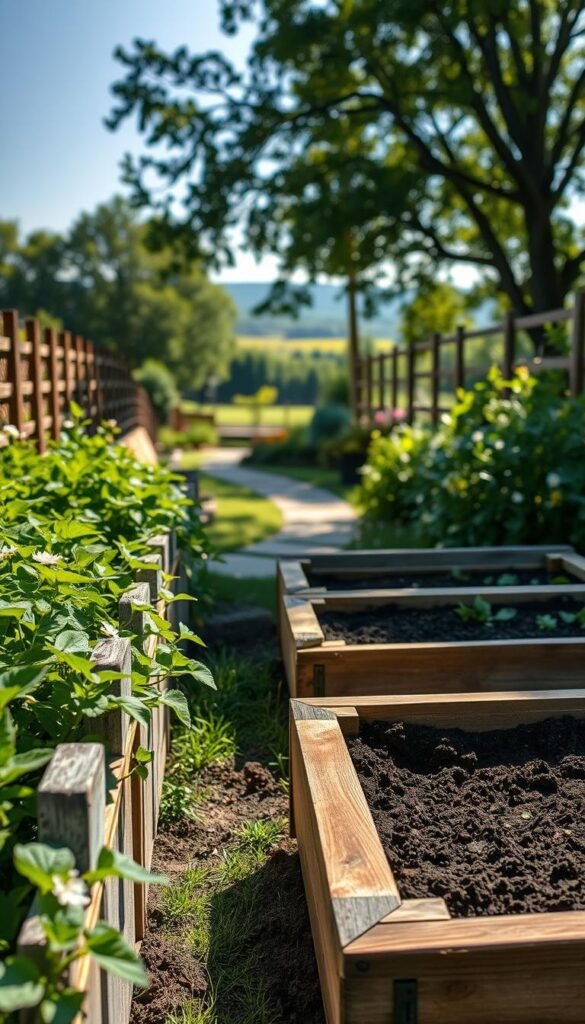 A well-lit, low-angle photograph of a neatly arranged set of raised garden beds in a lush, inviting backyard setting. The beds are constructed with sturdy, weathered wooden frames, filled with rich, dark soil and lush, thriving plants. The foreground shows a close-up view of the beds, with vibrant green foliage and delicate flowers spilling over the edges. The middle ground reveals a glimpse of a picturesque garden path leading to the beds, with dappled sunlight filtering through the surrounding trees. The background features a softly blurred, idyllic landscape, creating a sense of tranquility and harmony. The image conveys a sense of cozy, natural abundance, perfect for showcasing the beauty and practical benefits of raised garden beds.