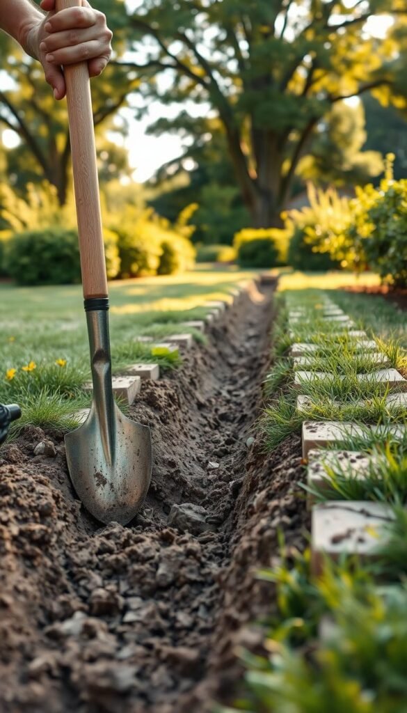 A well-lit, outdoor scene of a person digging a trench with a spade, preparing the ground for a raised brick garden edging. The foreground shows the person's hands and the spade carving into the soil, with fresh dirt clumps being excavated. The middle ground depicts the trench, its straight edges and uniform depth, running alongside a lush, green lawn. The background features a backdrop of mature trees and shrubs, casting soft, dappled shadows across the scene, creating a tranquil, natural atmosphere. The lighting is warm and diffused, creating depth and highlighting the textures of the soil and bricks. The overall composition emphasizes the methodical process of preparing the ground for a long-lasting, aesthetically pleasing brick garden border.