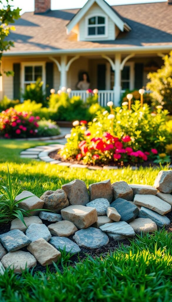 A well-lit outdoor scene showcasing an array of garden edging materials arranged in the foreground. In the middle ground, a well-manicured garden with vibrant flowers and lush greenery. In the background, a charming, traditional-style home with a harmonious color palette that complements the edging choices. The lighting is soft and natural, casting warm hues that enhance the earthy tones of the materials. The camera angle is slightly elevated, providing a comprehensive view of the scene and highlighting the thoughtful integration of the garden edging with the home's exterior style.