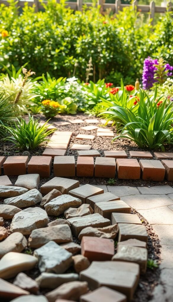 A well-lit outdoor scene showcasing an assortment of budget-friendly garden edging materials. In the foreground, a collection of natural stones, bricks, and recycled wood planks are arranged in an appealing pattern. The middle ground features a variety of edging options like steel landscape edging, plastic landscape edging, and inexpensive border pavers. In the background, a lush, vibrant garden provides a verdant backdrop. The lighting is soft and natural, creating a warm, inviting atmosphere. The camera angle is slightly elevated, allowing the viewer to appreciate the range of affordable edging solutions. The overall composition highlights the simplicity and cost-effectiveness of these basic garden edging materials.