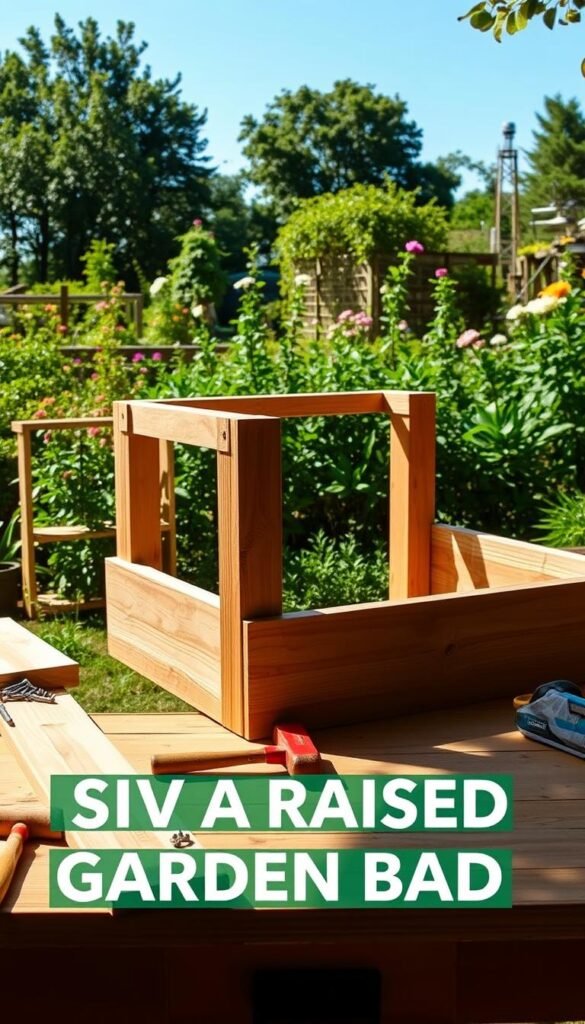 A well-lit step-by-step visual guide to assembling a raised garden bed. In the foreground, a carpenter's workbench with tools and materials like wood planks, screws, and a mallet. In the middle ground, a partially constructed wooden frame with corner joints being fastened. In the background, a lush green garden scene with flowering plants and a clear blue sky. The lighting is soft and natural, capturing the warm, earthy tones of the wood and the vibrant colors of the garden. The camera angle is slightly elevated, providing a comprehensive view of the assembly process. The overall mood is one of informative clarity and inviting DIY inspiration.