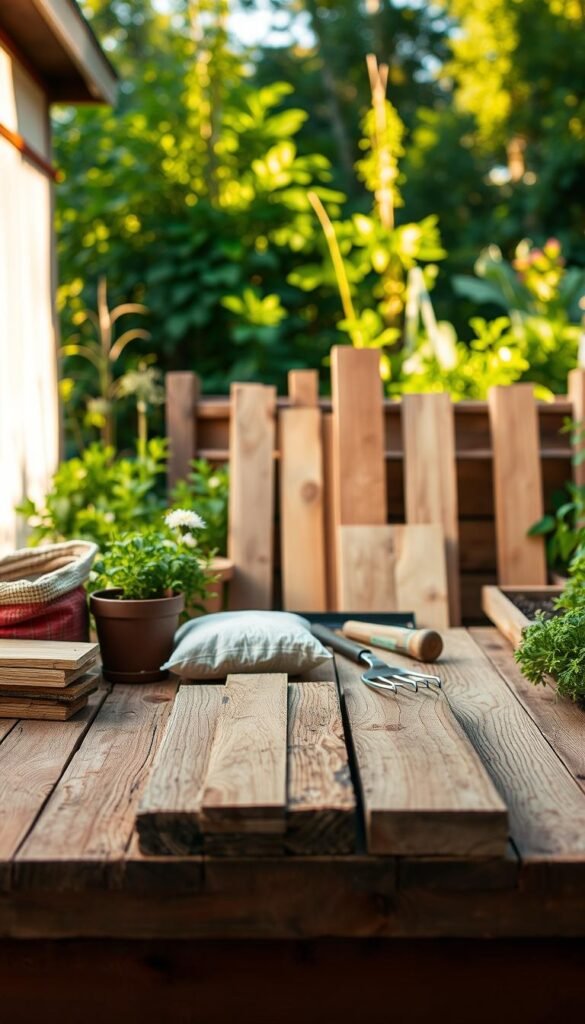 A well-lit wooden table showcasing an assortment of raised garden bed materials. In the foreground, meticulously arranged wooden planks, soil bags, and gardening tools radiate a sense of rustic charm. The middle ground features a selection of cedar and pressure-treated lumber, their natural grains and textures inviting the viewer to envision the final raised bed structure. Lush greenery and a warm, golden light create a serene, earthy atmosphere, suggesting the abundance and vitality that will flourish within the carefully crafted raised beds. The overall composition conveys the thoughtful preparation and attention to detail required to construct the perfect foundation for a thriving vegetable garden. A well-lit wooden table showcasing an assortment of raised garden bed materials. In the foreground, meticulously arranged wooden planks, soil bags, and gardening tools radiate a sense of rustic charm. The middle ground features a selection of cedar and pressure-treated lumber, their natural grains and textures inviting the viewer to envision the final raised bed structure. Lush greenery and a warm, golden light create a serene, earthy atmosphere, suggesting the abundance and vitality that will flourish within the carefully crafted raised beds. The overall composition conveys the thoughtful preparation and attention to detail required to construct the perfect foundation for a thriving vegetable garden.